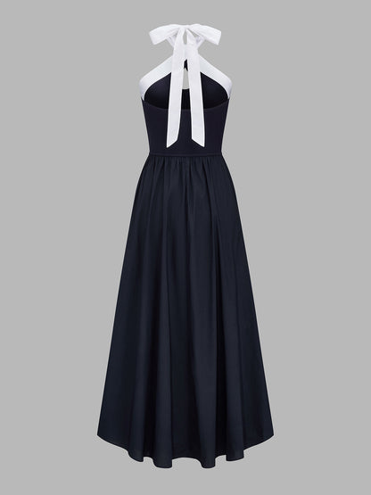 Color Block Halter Keyhole Midi Dress
