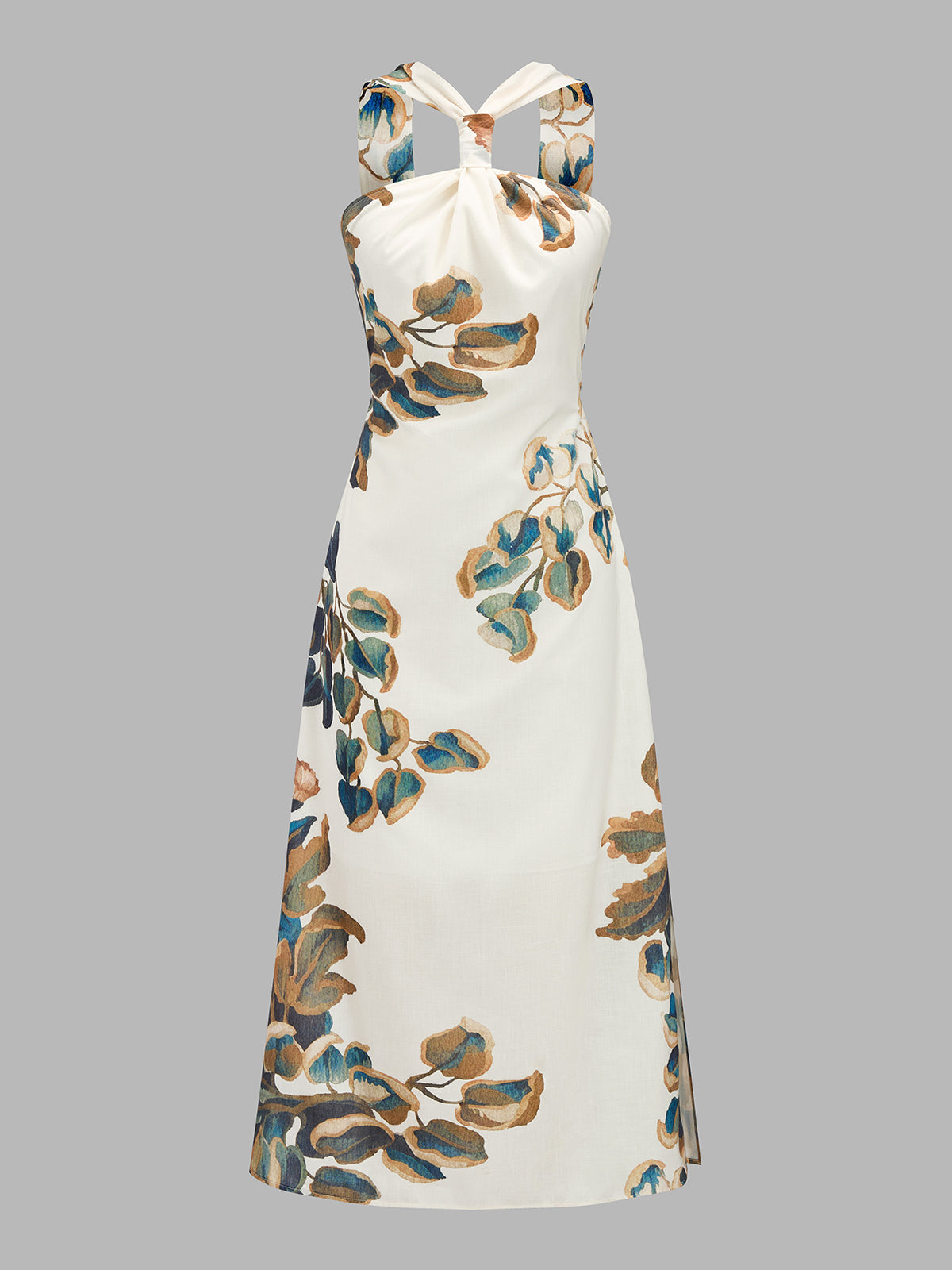 Twist Halter Leaf Print Side Slit Midi Dress