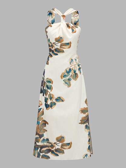 Twist Halter Leaf Print Side Slit Midi Dress