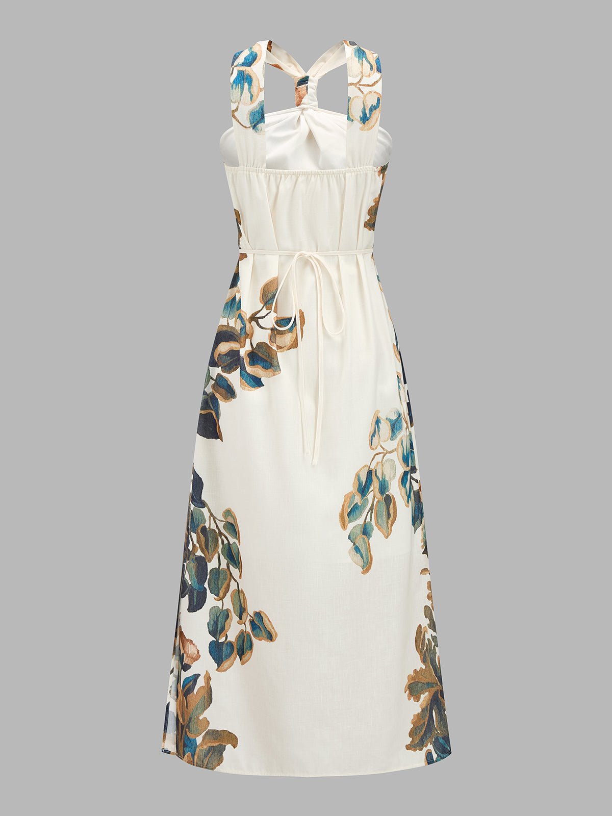 Twist Halter Leaf Print Side Slit Midi Dress