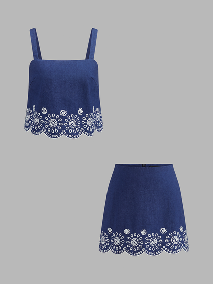 Embroidered Scalloped Two Piece Skirt Set