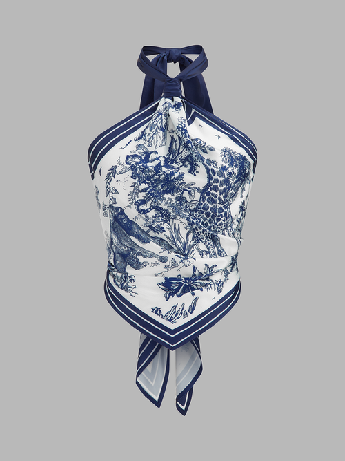Porcelain Print Scarf Style Halter Blouse