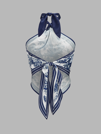 Porcelain Print Scarf Style Halter Blouse