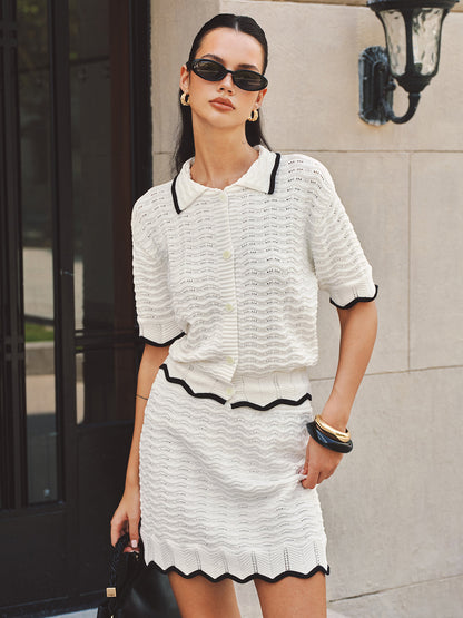 Textured Contrast Trim Open-Knit Co-ords Set