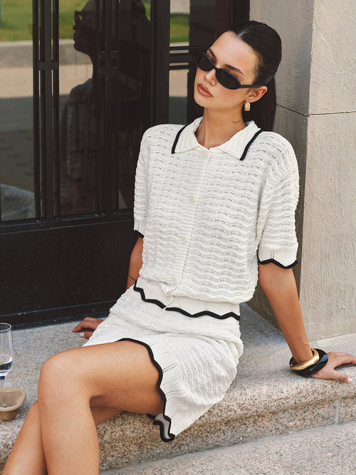 Textured Contrast Trim Open-Knit Co-ords Set