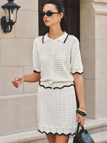 Textured Contrast Trim Open-Knit Co-ords Set