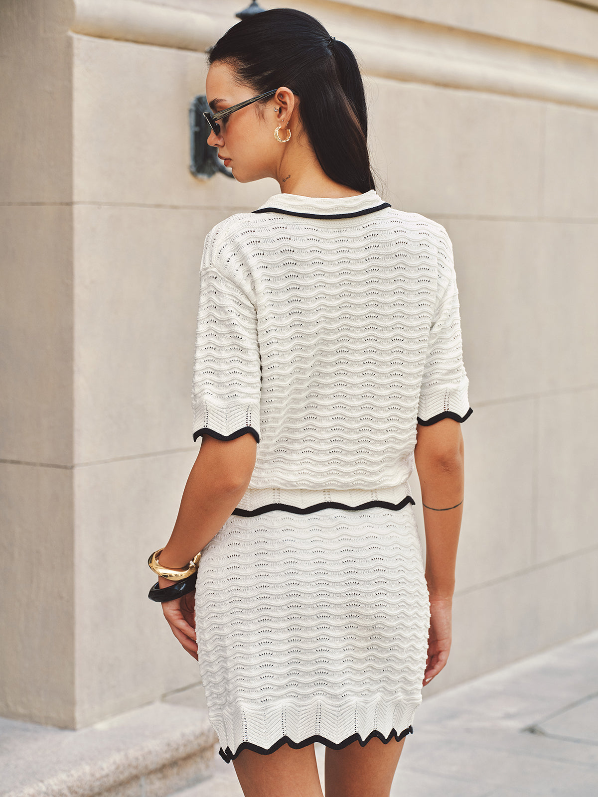 Textured Contrast Trim Open-Knit Co-ords Set