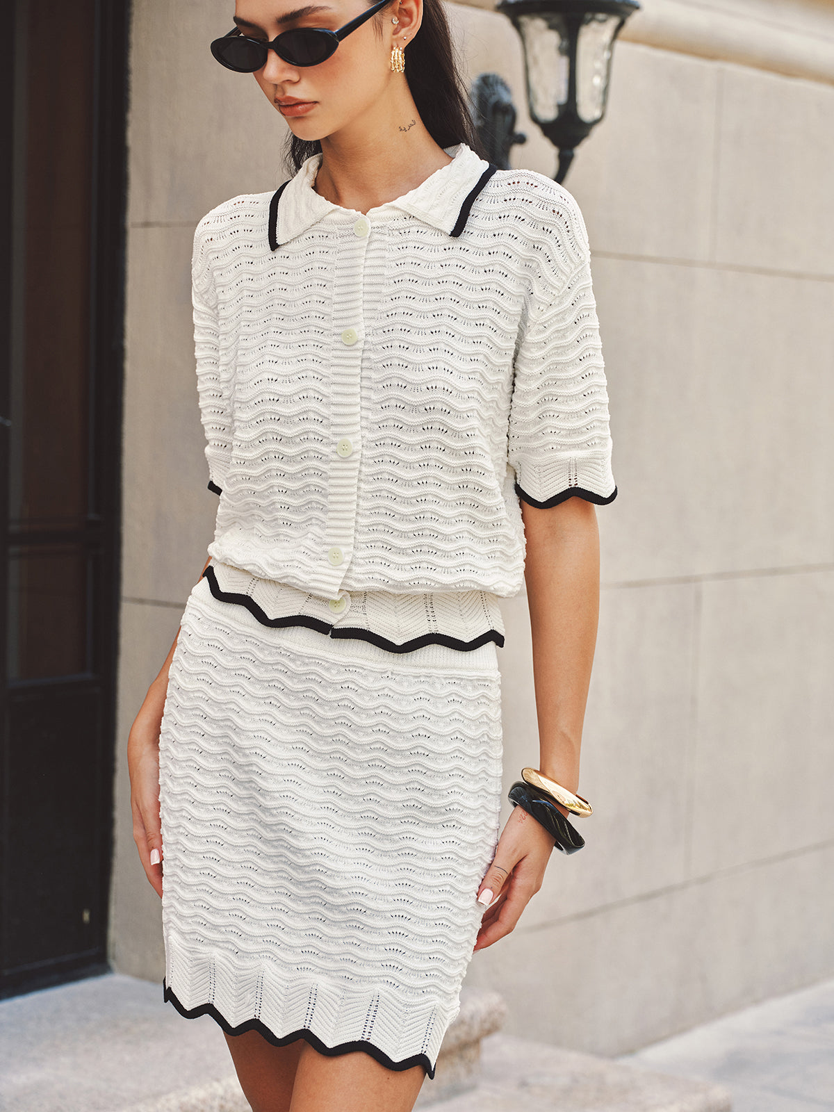 Textured Contrast Trim Open-Knit Co-ords Set
