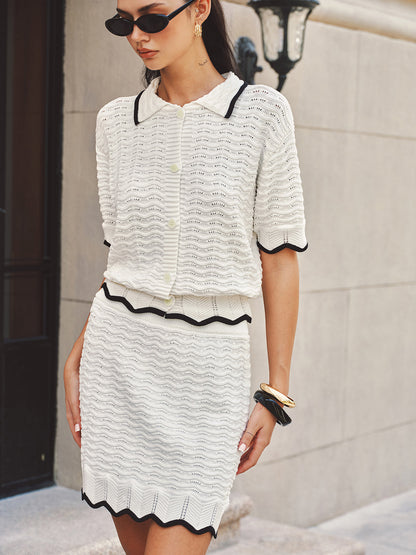 Textured Contrast Trim Open-Knit Co-ords Set