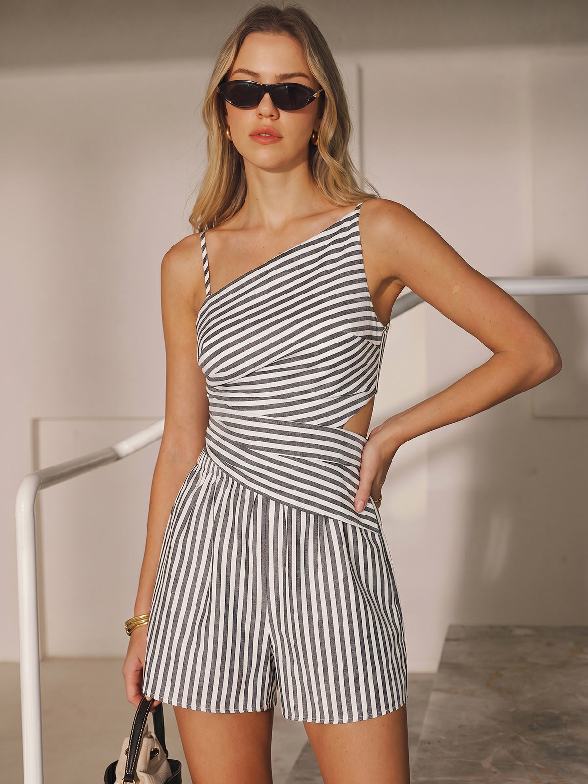 Striped Cotton Blend Cutout Top & Shorts Set