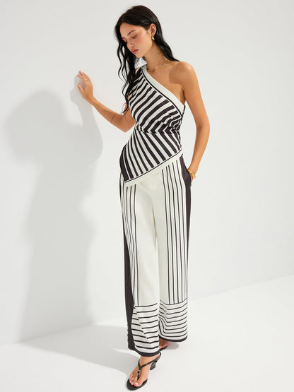 Striped One-Shoulder Top & Pants Set