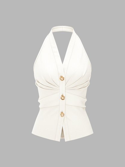 Metal Button Denim Halter Ruched Top