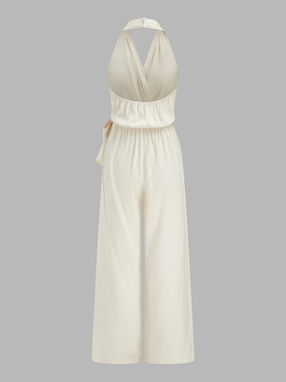Halter Neck Tie Waist Wide Leg Jumpsuit
