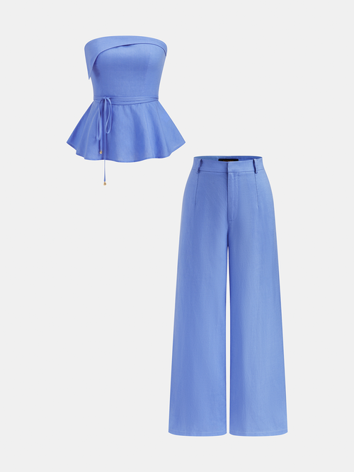 Linen-Blend Strapless Peplum Top & Pants Set