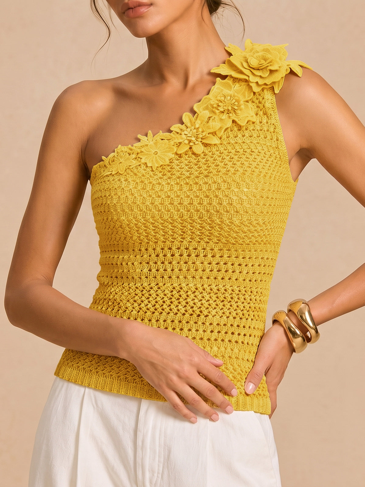 One Shoulder 3D Flower Crochet Top