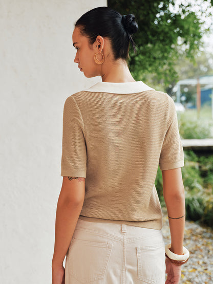 Contrast Collar Waffle Texture Polo Knit Top