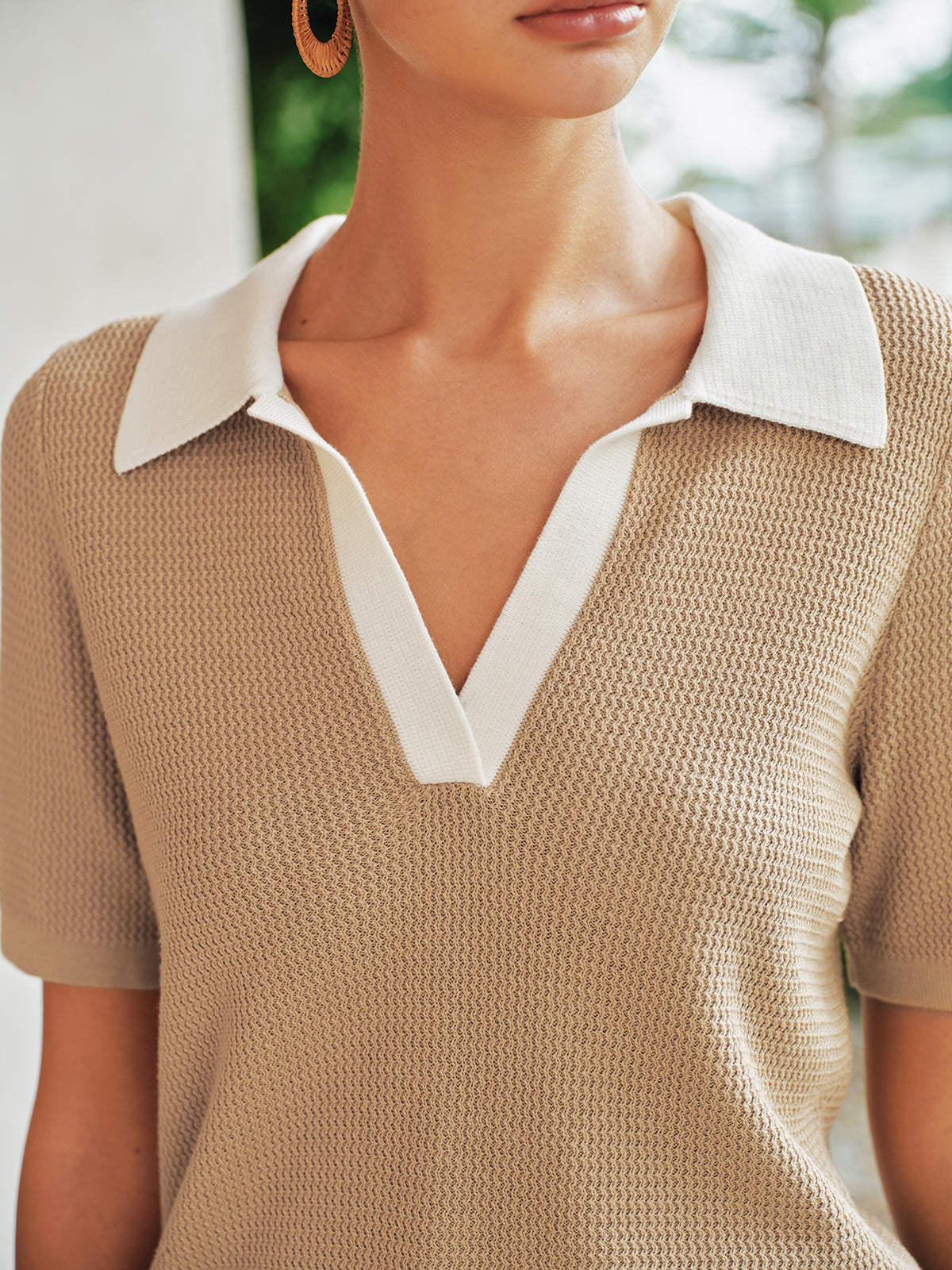 Contrast Collar Waffle Texture Polo Knit Top