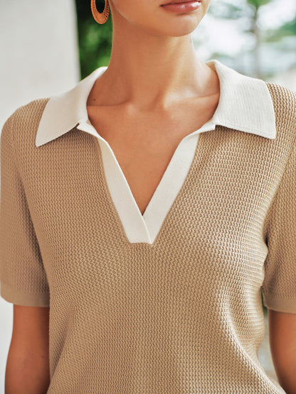 Contrast Collar Waffle Texture Polo Knit Top