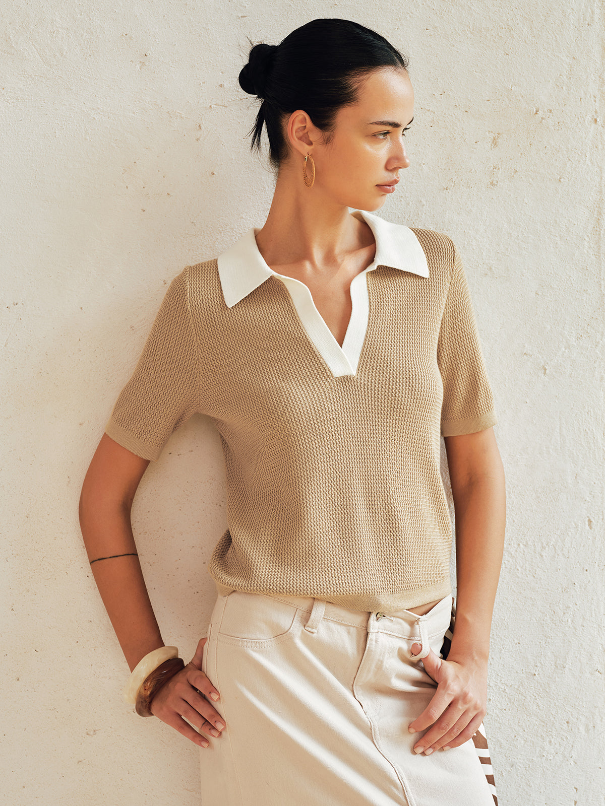 Contrast Collar Waffle Texture Polo Knit Top