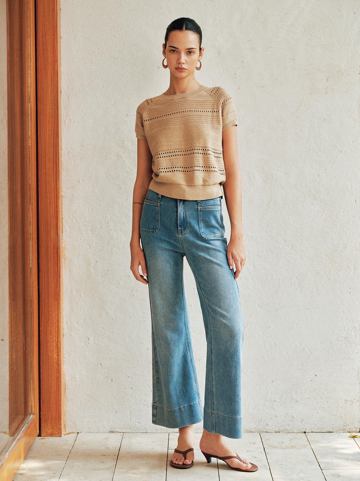 Eyelet Short Sleeve Crew Neck Knit Top