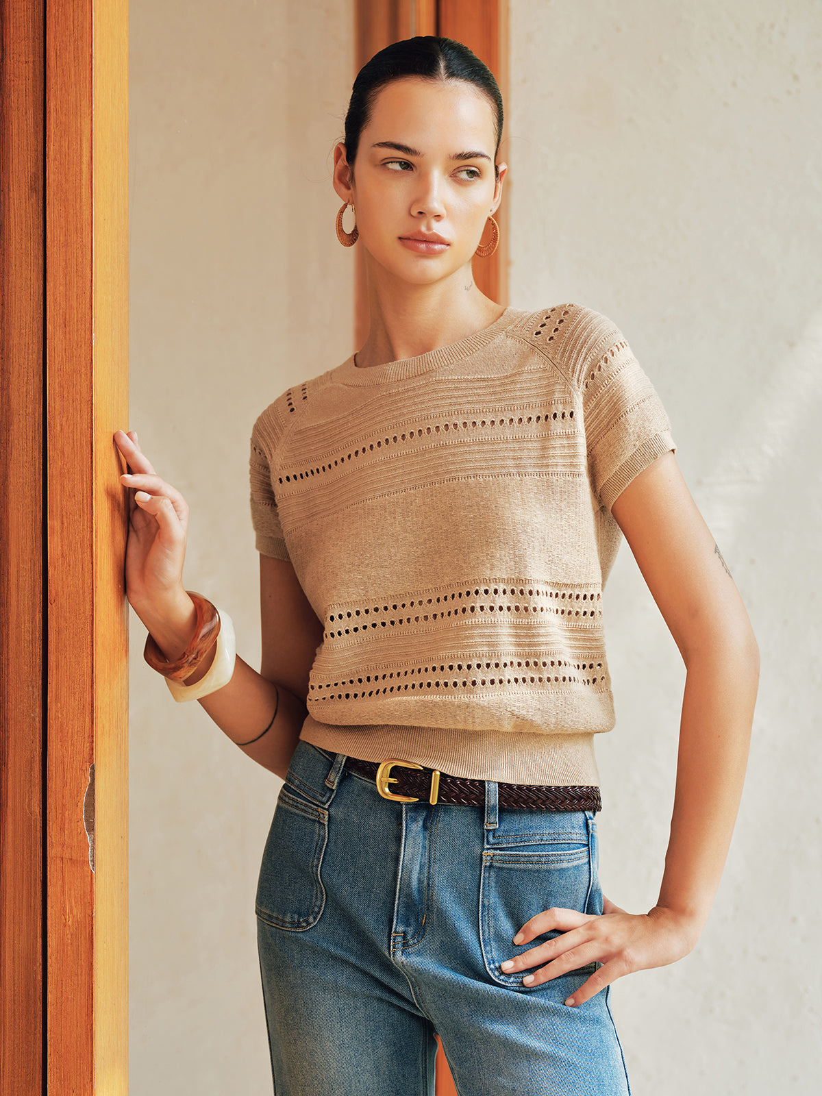 Eyelet Short Sleeve Crew Neck Knit Top