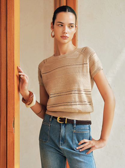 Eyelet Short Sleeve Crew Neck Knit Top