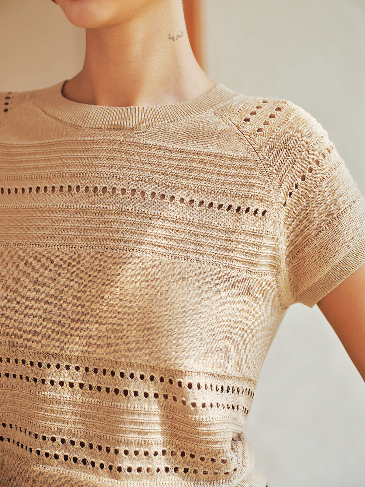 Eyelet Short Sleeve Crew Neck Knit Top