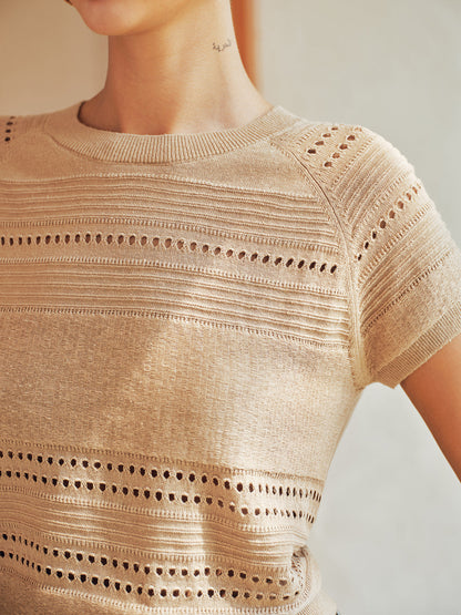 Eyelet Short Sleeve Crew Neck Knit Top