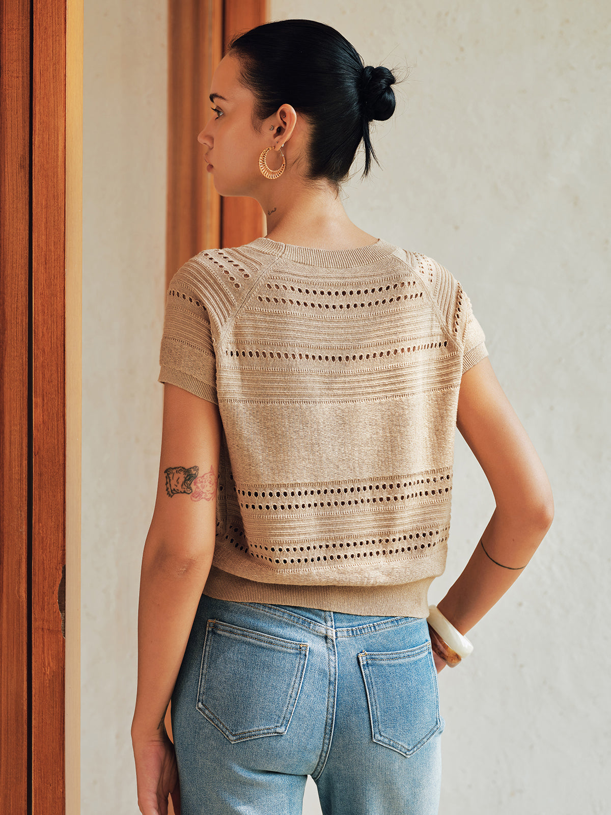 Eyelet Short Sleeve Crew Neck Knit Top