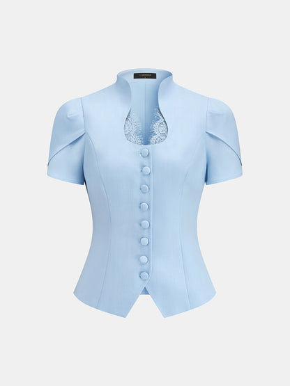 Stand Collar Lace Trim Blouse