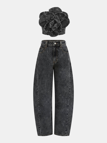 3D Rose Applique Denim Tube Top