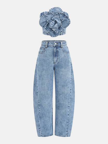 3D Rose Applique Denim Tube Top