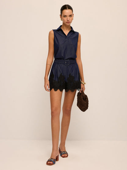 Sleeveless Polo Top & Lace-Hem Shorts Set