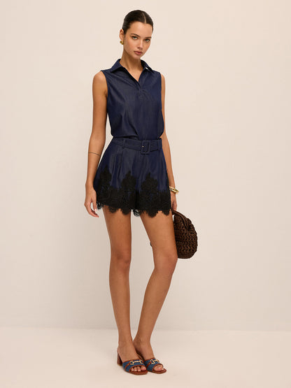 Sleeveless Polo Top & Lace-Hem Shorts Set