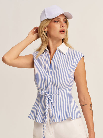 Striped Tie-Waist Collared Peplum Blouse