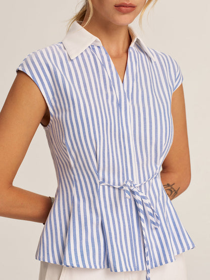 Striped Tie-Waist Collared Peplum Blouse