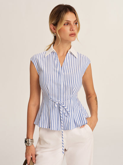 Striped Tie-Waist Collared Peplum Blouse