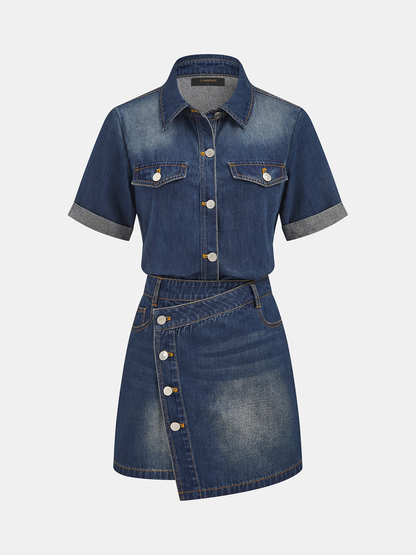 Short Sleeve Asymmetric Denim Shirt Dress