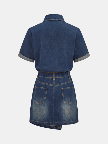 Short Sleeve Asymmetric Denim Shirt Dress