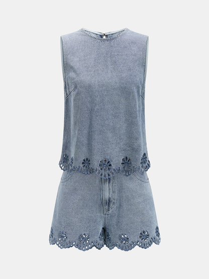 Embroidered Denim Two Piece Shorts Set