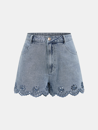 Embroidered Denim Two Piece Shorts Set
