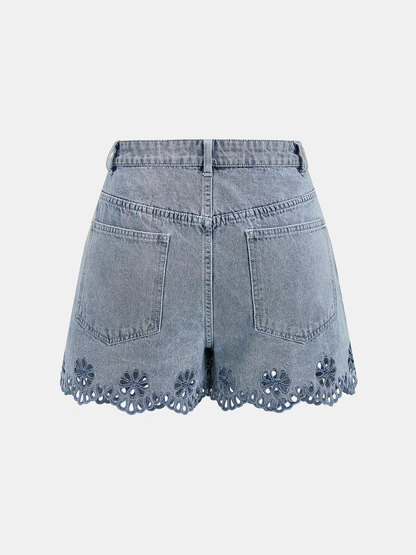 Embroidered Denim Two Piece Shorts Set