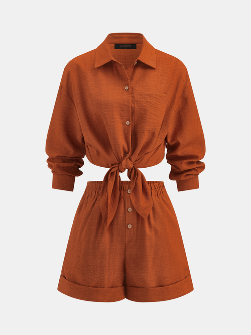 Cotton Linen Loose Shirt & Roll Cuff Shorts Set