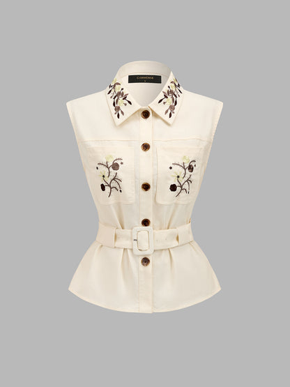 Floral Embroidery Belted Vest & Shorts Set
