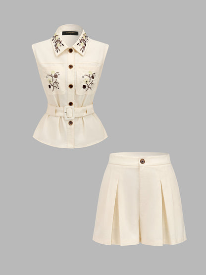Floral Embroidery Belted Vest & Shorts Set