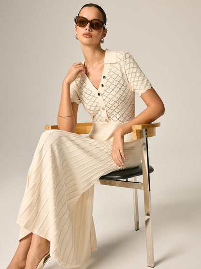 Polo Collar Hollow Knit Pleated Maxi Dress