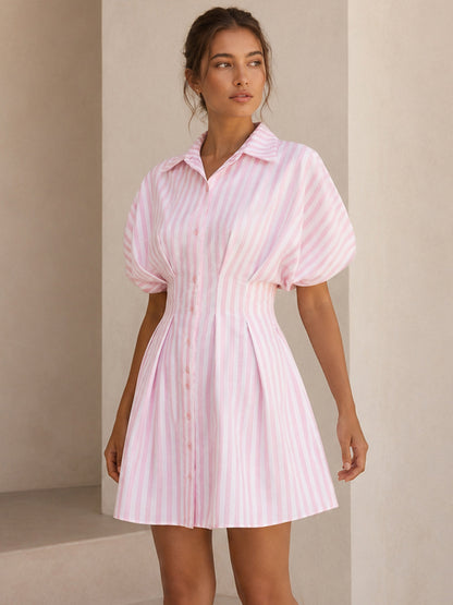 Striped Cinched Waist Shirt Dress