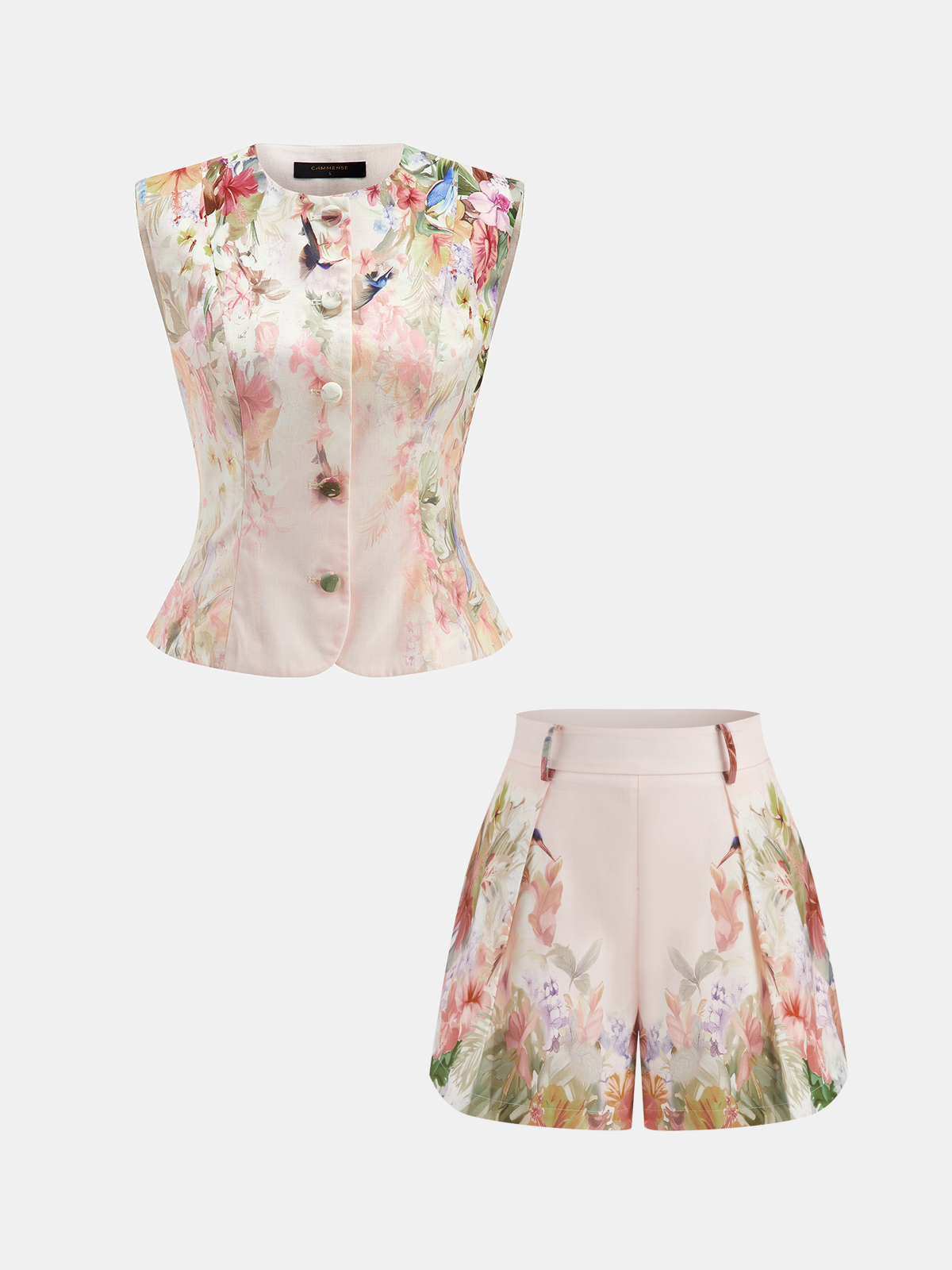 Watercolor Floral Print Vest & Pleated Shorts Set