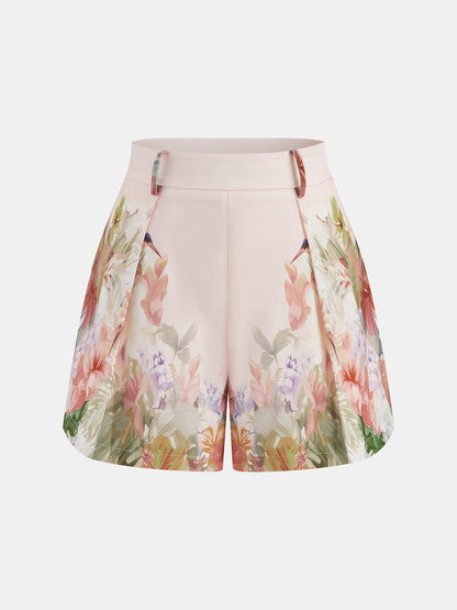 Watercolor Floral Print Vest & Pleated Shorts Set