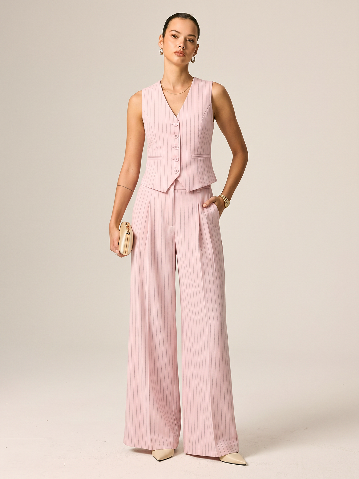 Pinstriped Cotton Linen Vest & Pants Set